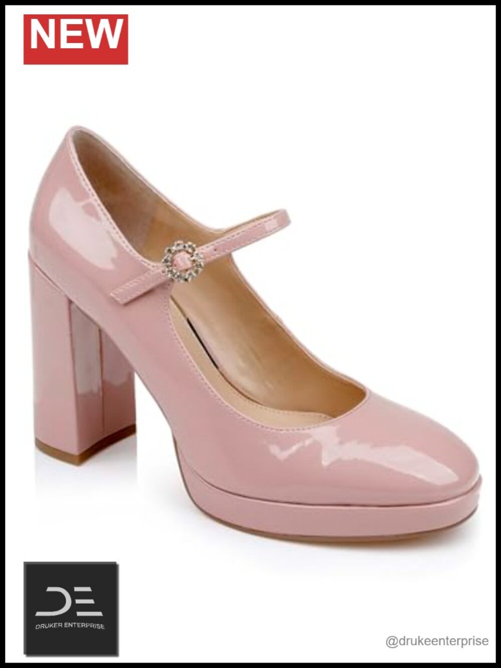 Mary Jane Platform Pumps Patent Leather Block Heel Rhinestone